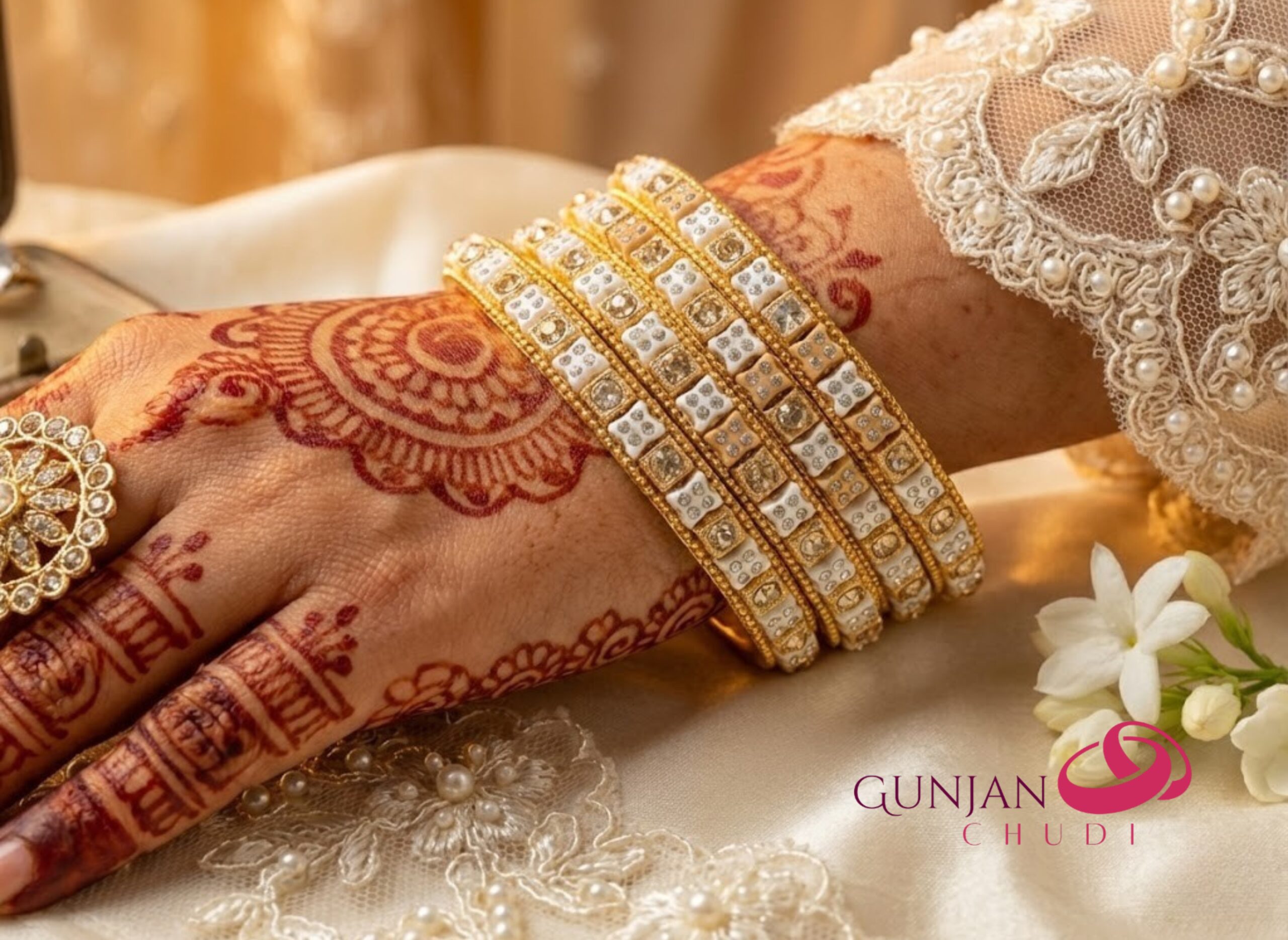 Ivory & Gold Stone-Encrusted Kangan - Image 3