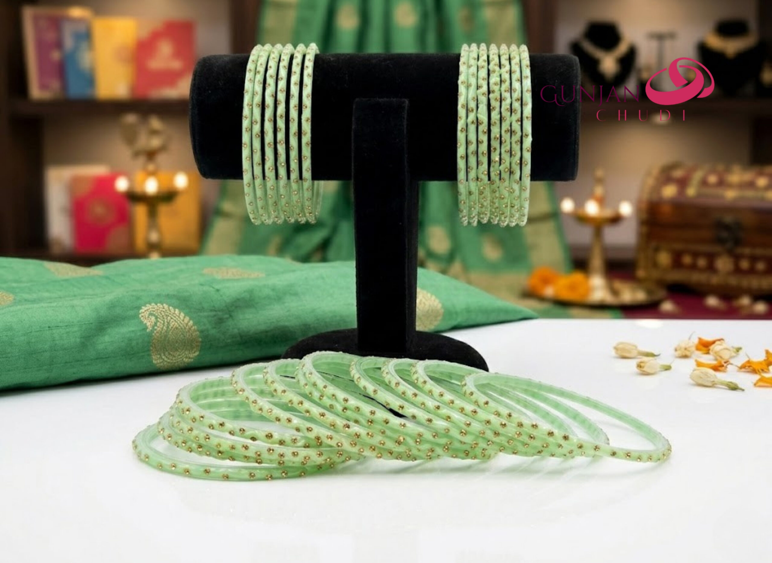 Pista Green Stone Studded Bangles - Image 4