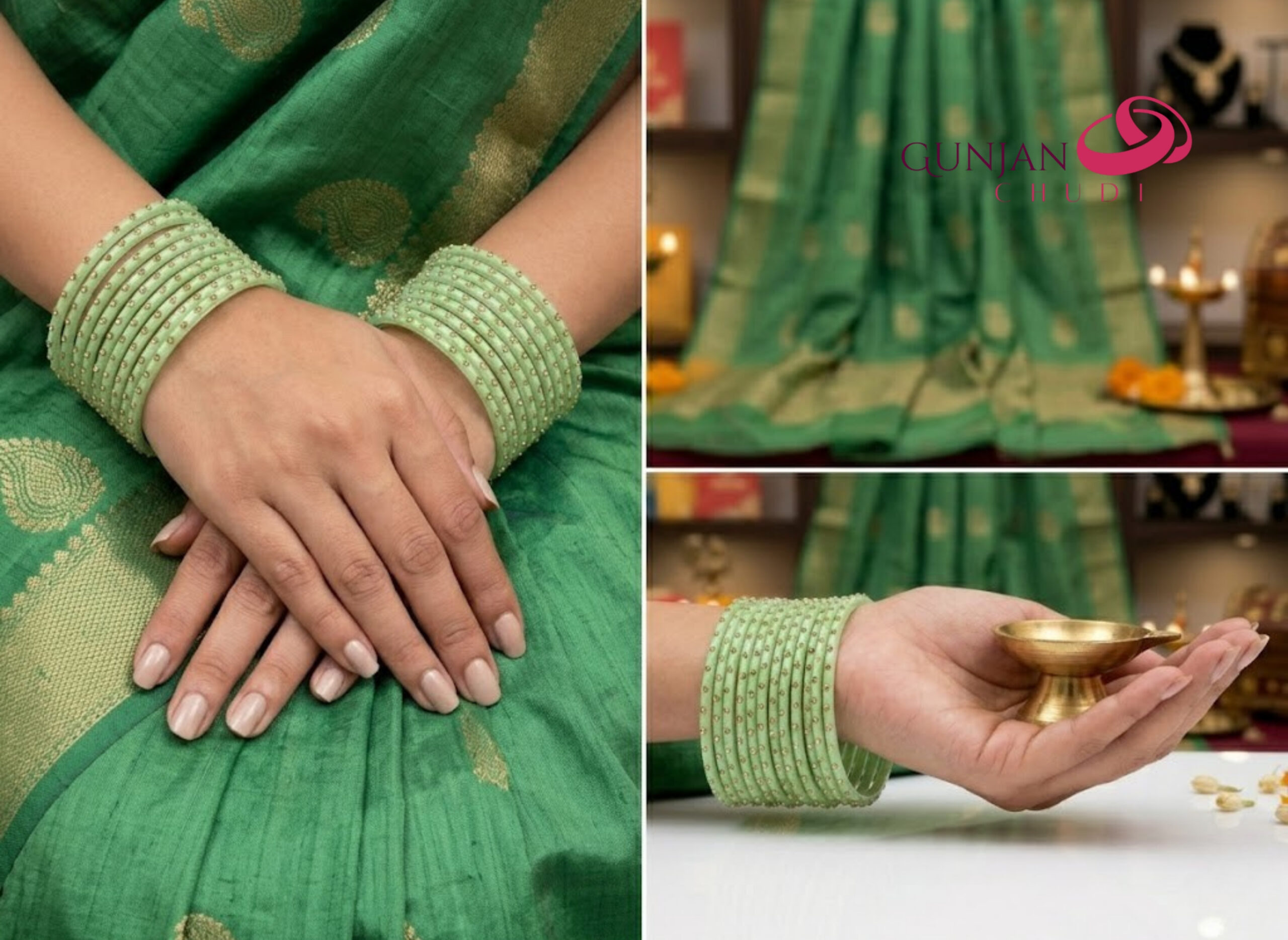 Pista Green Stone Studded Bangles - Image 3
