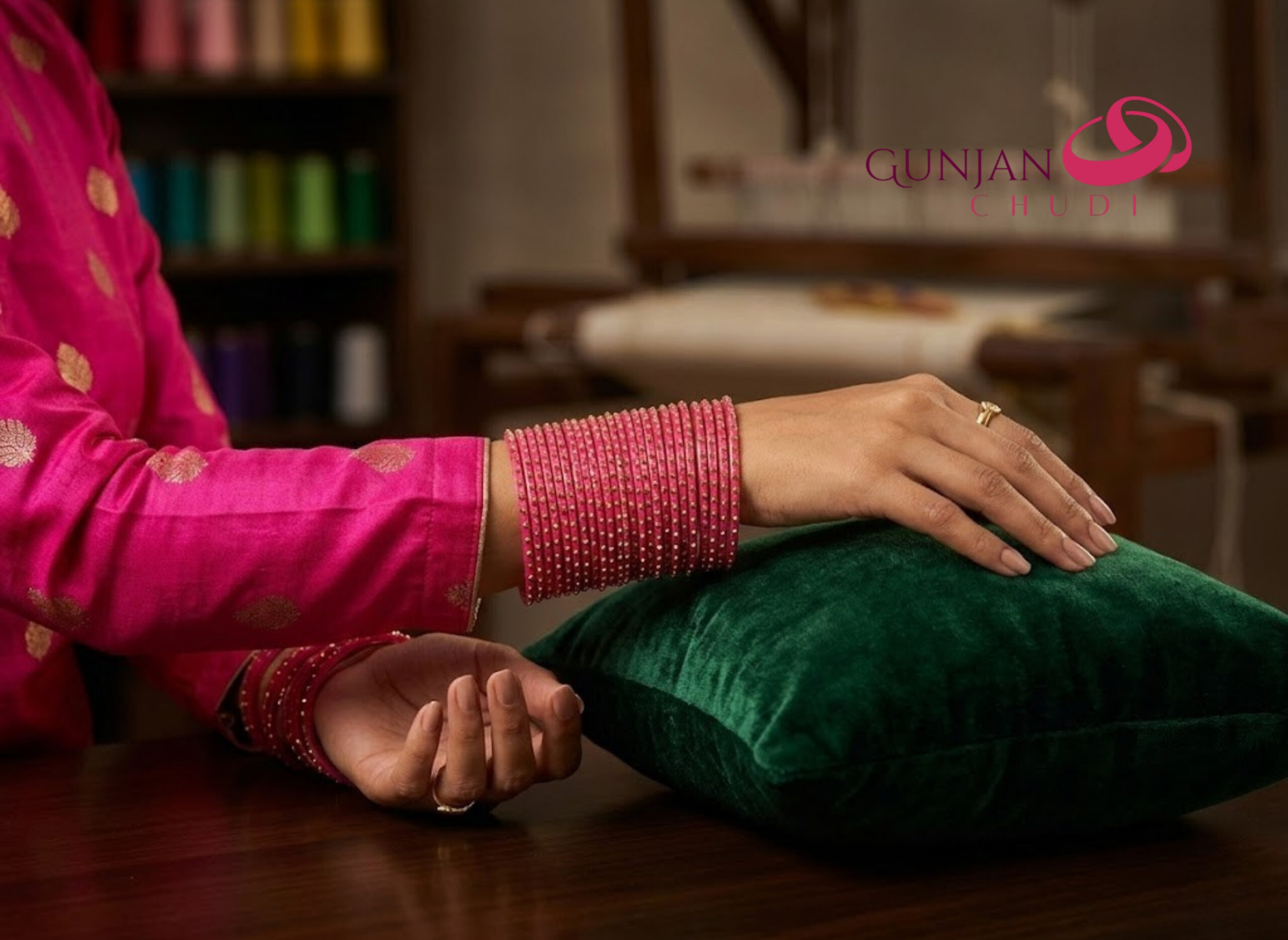 Stone-Work Pink Glass Bangles - Image 3